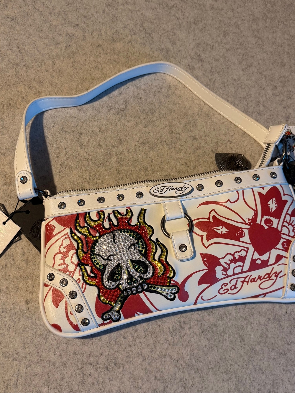 Ed Hardy White & Red Rhinestone Skull Shoulder Bag